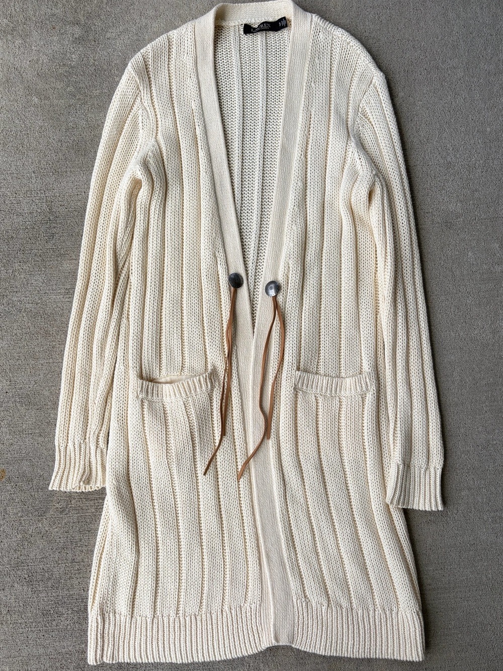 Lauren Ralph Lauren cotton linen blend rib knit longline cardigan sweater toggle - Picture 4 of 7